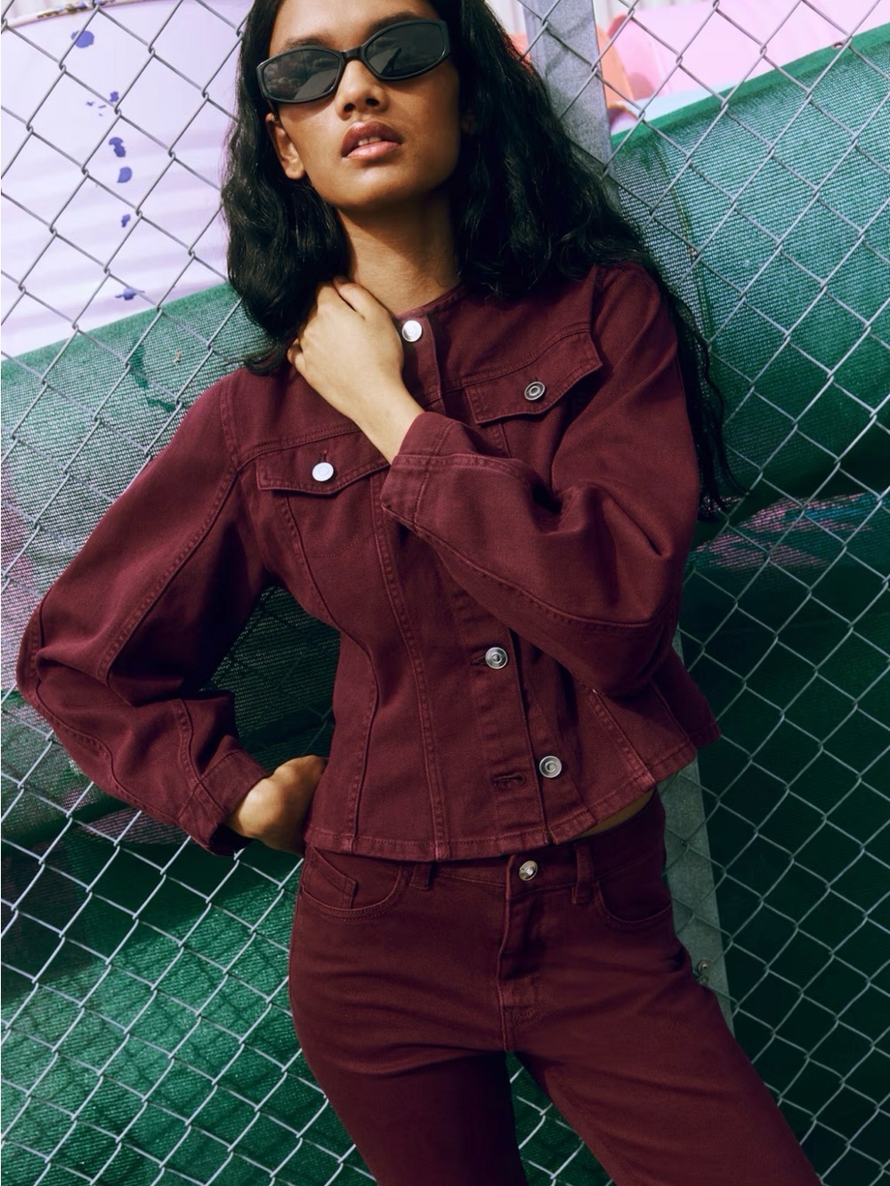 H&M Maroon Cropped Denim Jacket